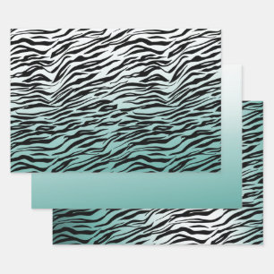 Aqua Mint Black Zebra Print Ombre Wrapping Paper Sheets