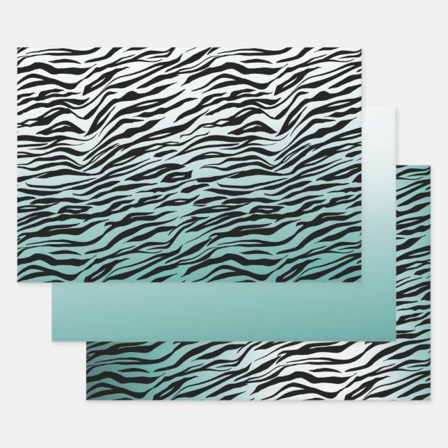 Aqua Mint Black Zebra Print Ombre Wrapping Paper Sheets (Set)