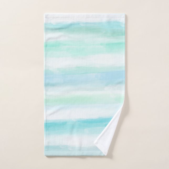 Aqua Mint Blue White Ocean Beach Stripes Hand Towel (Hand Towel)