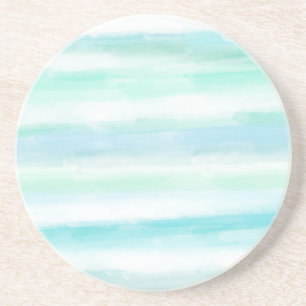 Aqua Mint Blue White Watercolor Stripes Coaster
