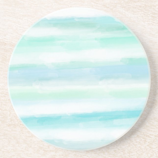 Aqua Mint Blue White Watercolor Stripes Coaster (Front)