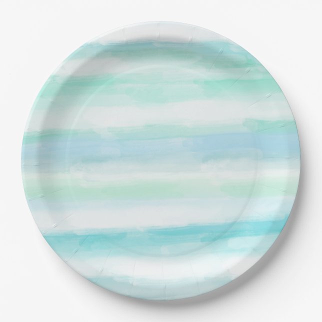 Aqua Mint Blue White Watercolor Stripes Paper Plates (Front)