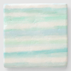 Aqua Mint Blue White Watercolor Stripes Stone Coaster