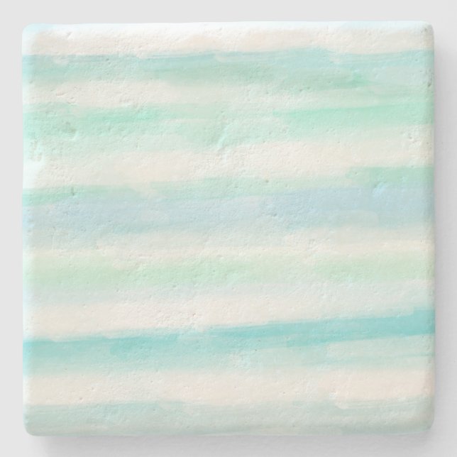 Aqua Mint Blue White Watercolor Stripes Stone Coaster (Front)