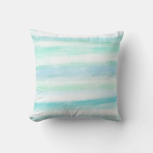 Aqua Mint Blue White Watercolor Stripes Throw Pillow