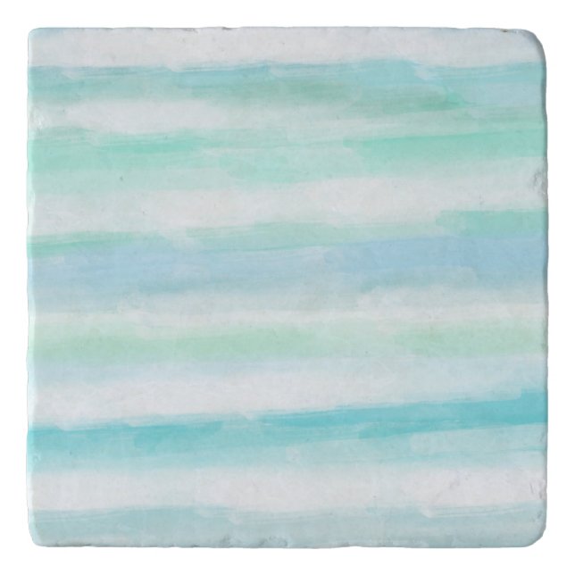 Aqua Mint Blue White Watercolor Stripes Trivet (Front)