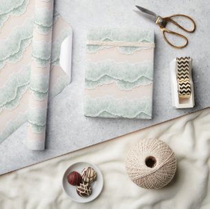 Aqua Mint Cream Sand Ocean Beach Stripes Birthday Wrapping Paper