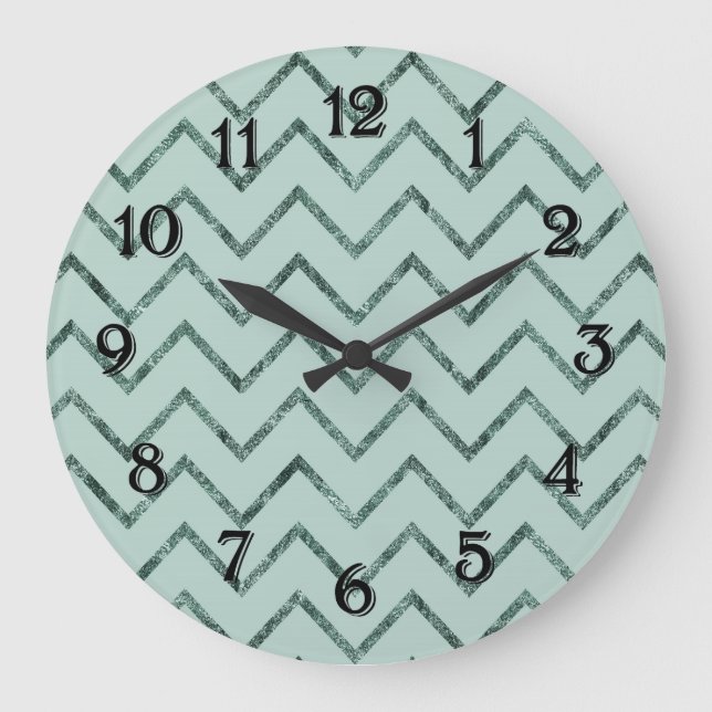 Aqua Mint Glam Chevron Zigzag Stripes Large Clock (Front)