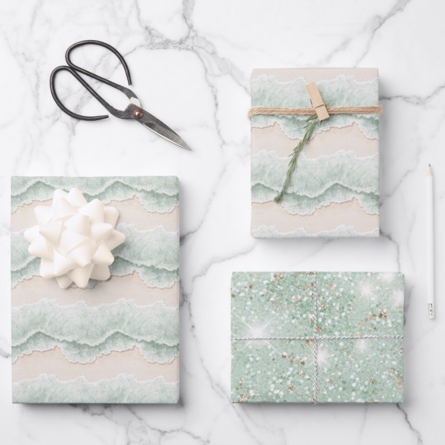 Aqua Mint Glitter Sand Ocean Beach Stripe Birthday Wrapping Paper Sheets (Front)