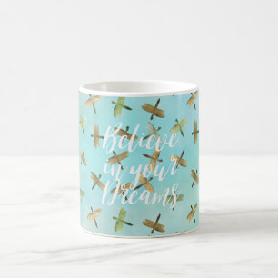 Aqua Mint Gold Dragonflies Believe in Dreams Coffee Mug