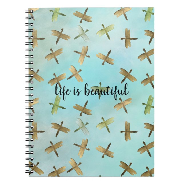 Aqua Mint Gold Dragonflies Watercolor personalized Notebook (Front)
