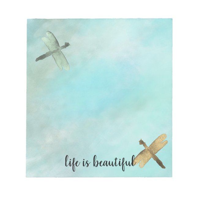 Aqua Mint Gold Dragonflies Watercolor personalized Notepad (Front)