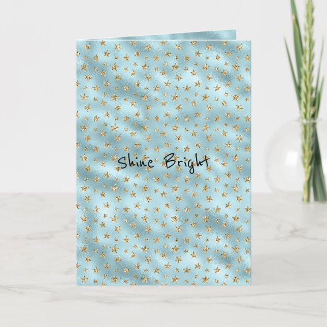Aqua Mint Gold Glitter Stars Card (Front)