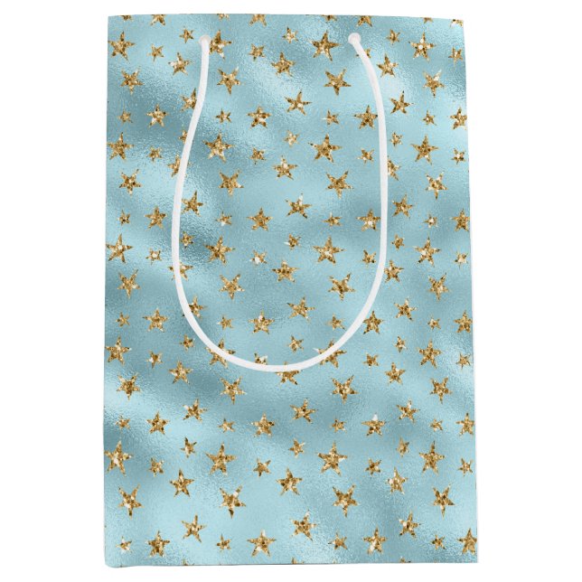 Aqua Mint Gold Glitter Stars Medium Gift Bag (Front)