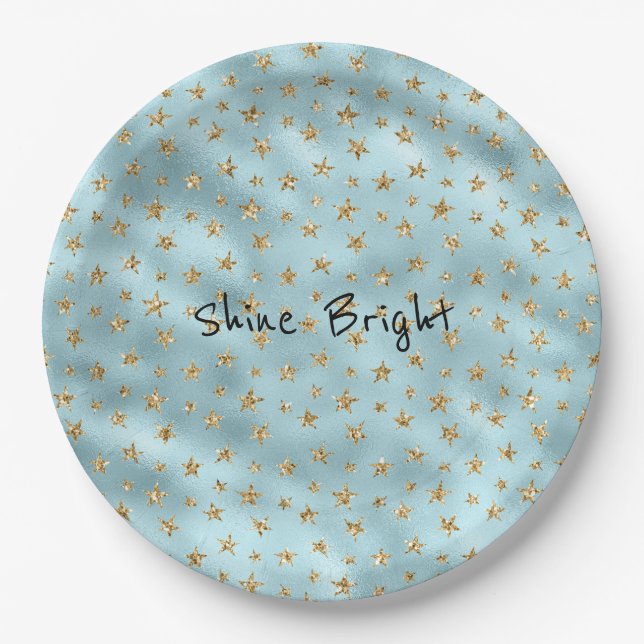 Aqua Mint Gold Glitter Stars Paper Plates (Front)