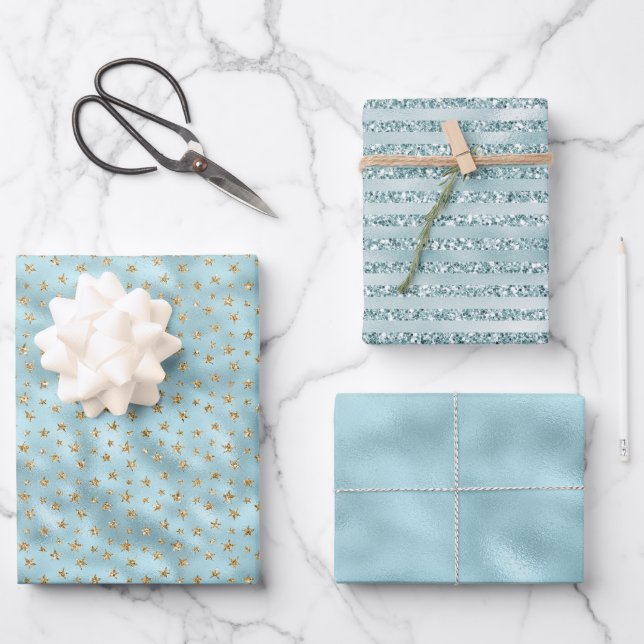 Aqua Mint Gold Glitter Stars Wrapping Paper Sheets (Front)