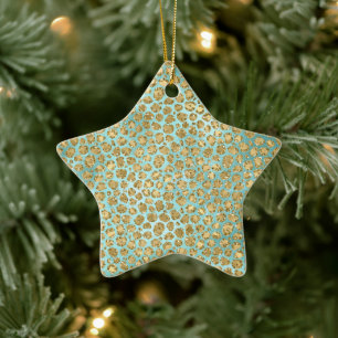 Aqua Mint Gold Glitz Glitter Leopard        Ceramic Ornament