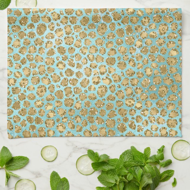 Aqua Mint Gold Glitz Glitter Leopard  Kitchen Towel (Folded)