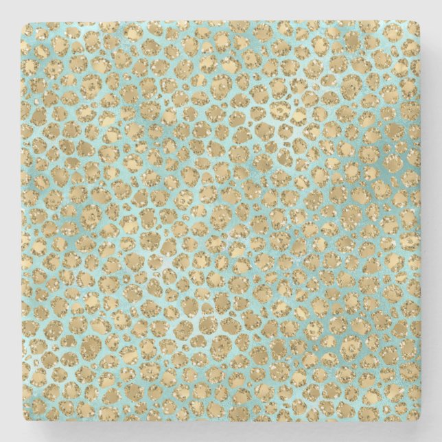 Aqua Mint Gold Glitz Glitter Leopard    Stone Coaster (Front)