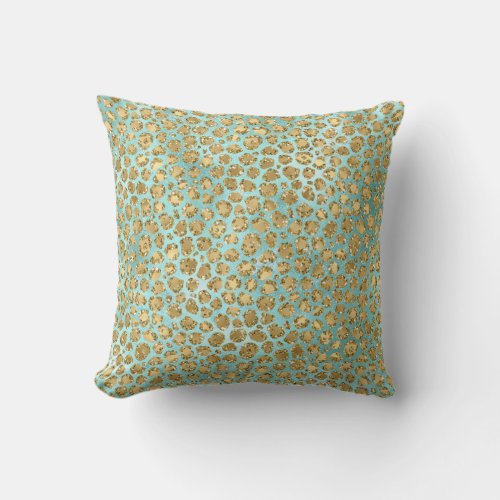 Aqua Mint Gold Glitz Glitter Leopard  Throw Pillow