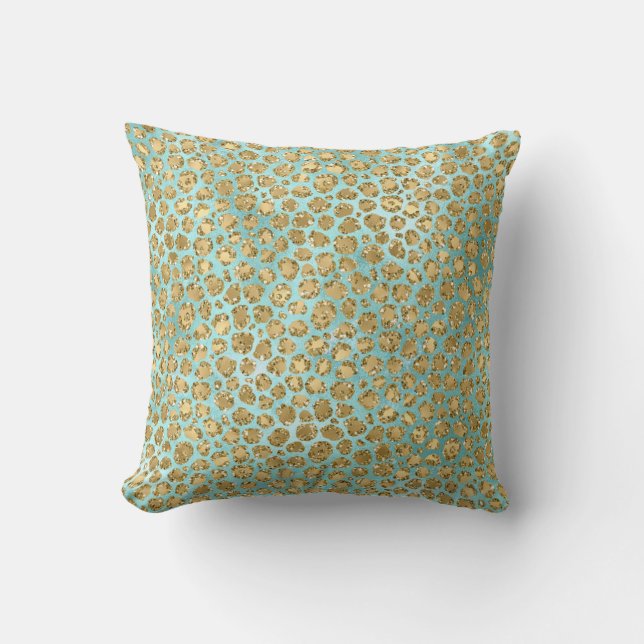 Aqua Mint Gold Glitz Glitter Leopard  Throw Pillow (Front)
