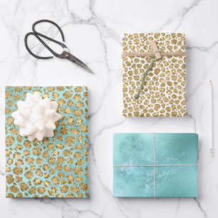 Aqua Mint Gold Glitz Glitter Leopard       Wrapping Paper Sheets