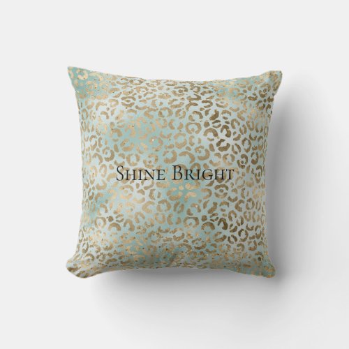 Aqua Mint Gold Glitz Sparkle Leopard Print   Throw Pillow