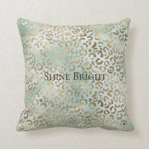 Aqua Mint Gold Glitz Sparkle Leopard Print Throw Pillow