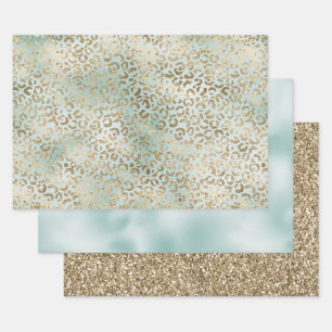 Aqua Mint Gold Glitz Sparkle Leopard Print     Wrapping Paper Sheets