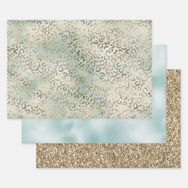 Aqua Mint Gold Glitz Sparkle Leopard Print     Wrapping Paper Sheets (Set)