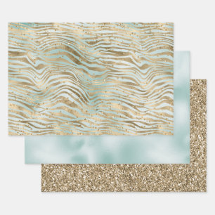 Aqua Mint Gold Glitz Sparkle Zebra Print      Wrapping Paper Sheets