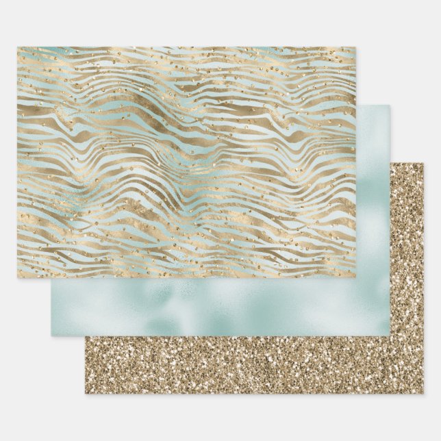 Aqua Mint Gold Glitz Sparkle Zebra Print      Wrapping Paper Sheets (Set)