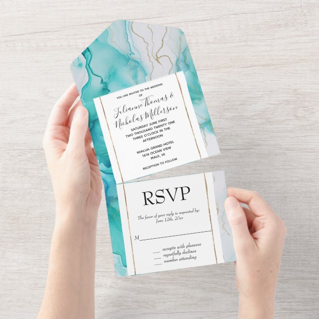 Aqua Mint Gold White Marble All In One Invitation (Tearaway)