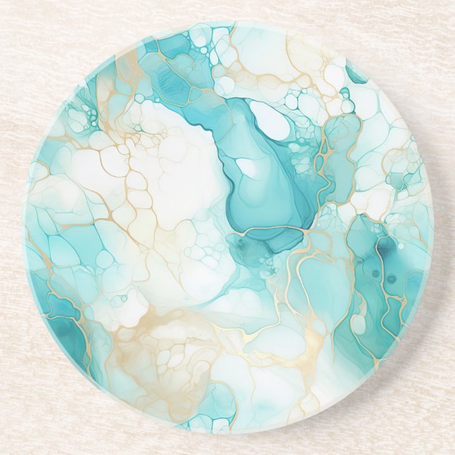 Aqua Mint Gold White Marble Coaster (Front)