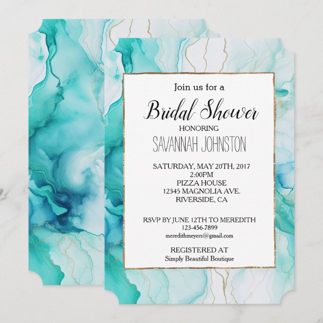Aqua Mint Gold White Marble Invitation (Front/Back)