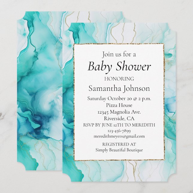 Aqua Mint Gold White Marble Invitation (Front/Back)