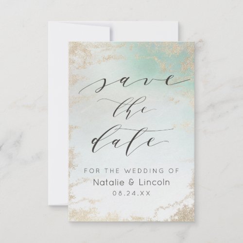 Aqua Mint Green Frosted Gold Glitter Chic Wedding Save The Date