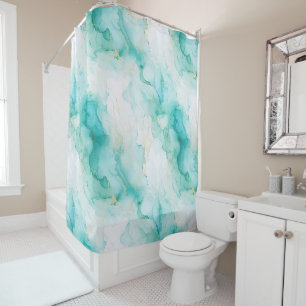 Aqua Mint Green Gold White Marble Shower Curtain