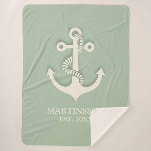 Aqua Mint Green White Anchor Name Date Nautical  Sherpa Blanket