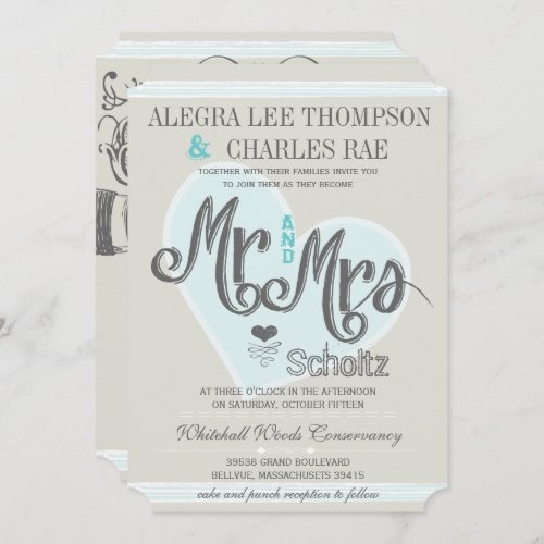 Aqua Mint Mr and Mrs Romantic Weddings Invitation