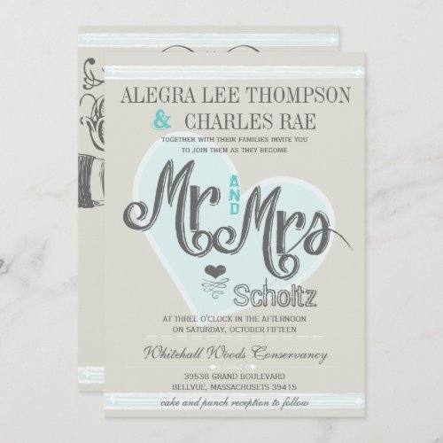 Aqua Mint Mr and Mrs Typography Weddings Invitation