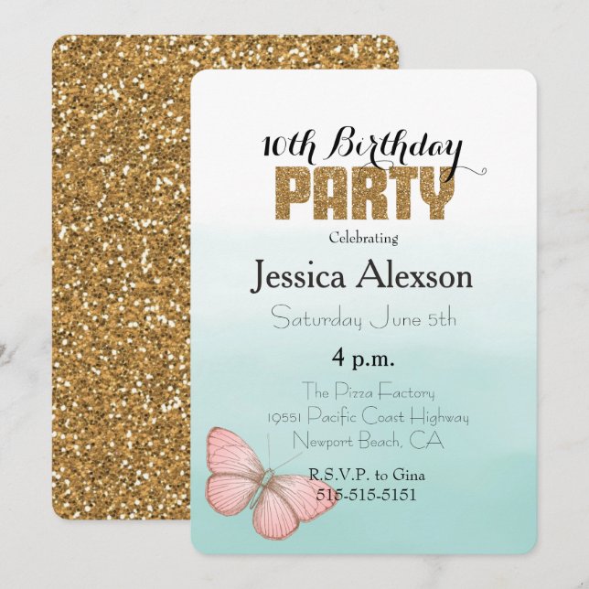 Aqua Mint Pink Butterfly Gold Glitter Invitation (Front/Back)