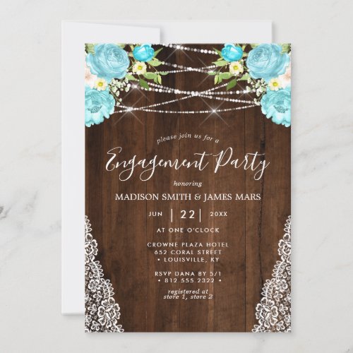 Aqua Mint Rustic String Lights Floral Engagement Invitation