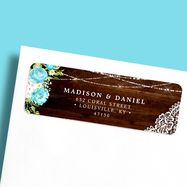 Aqua Mint Rustic Wood String Lights Floral Address Label (Creator Uploaded)