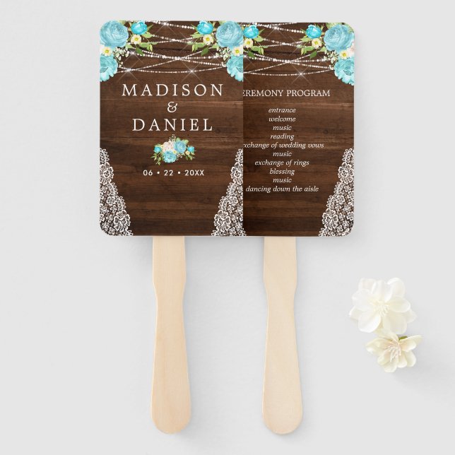 Aqua Mint Rustic Wood String Lights Floral Wedding Hand Fan (Front and Back)