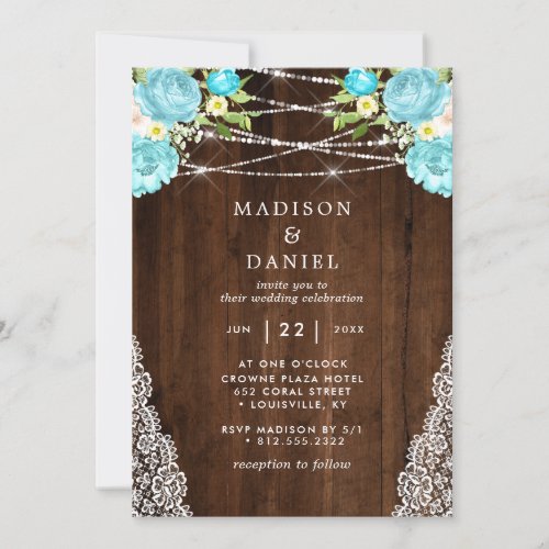 Wedding Invitations 12 Aqua Mint Rustic Wood String Lights Floral Wedding Invitation