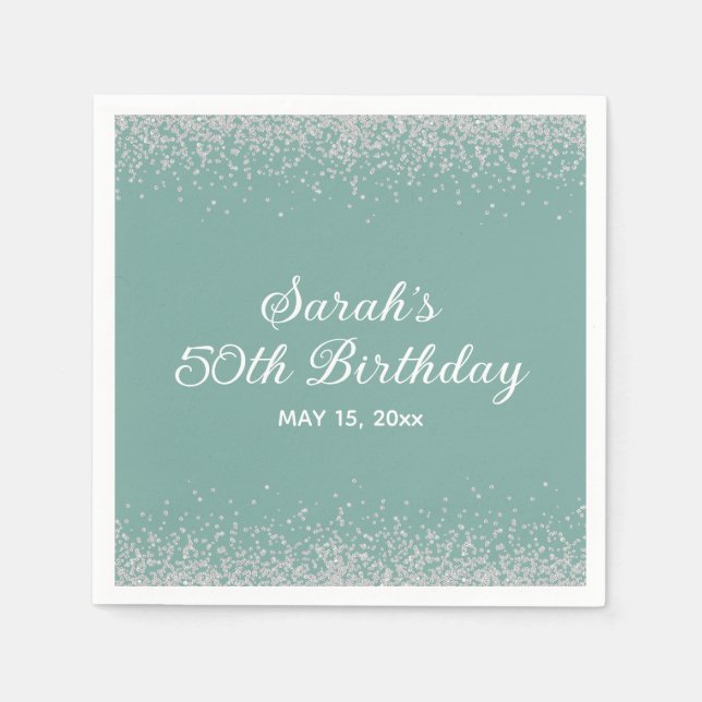 Aqua Mint Silver Diamond Glitter 50th Birthday Napkins (Front)