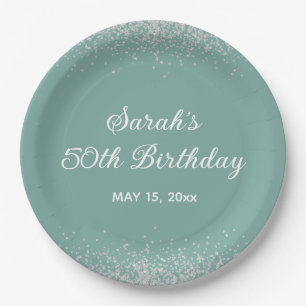 Aqua Mint Silver Diamond Glitter 50th Birthday Paper Plates