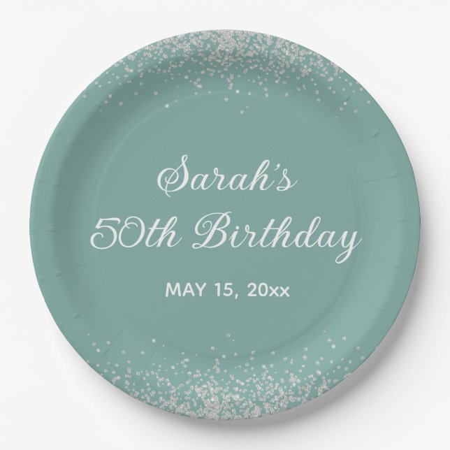 Aqua Mint Silver Diamond Glitter 50th Birthday Paper Plates (Front)
