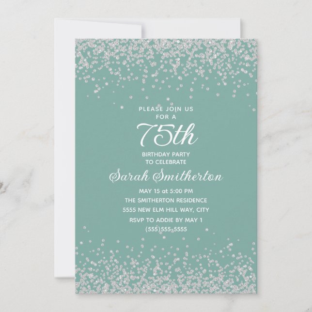Aqua Mint Silver Diamond Glitter 75th Birthday Invitation (Front)